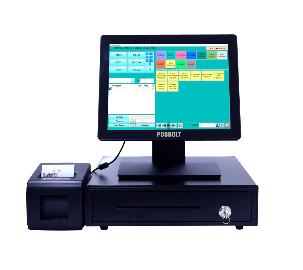 Touchscreen Vatrix POS ERP system with thermal printer and cash drawer